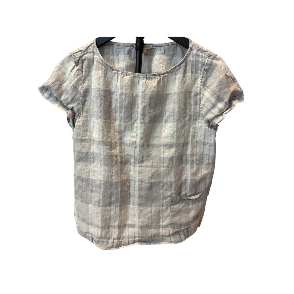 Eileen Fisher Short Sleeve Organic Cotton Blend Top Gray Plaid Size Medium
